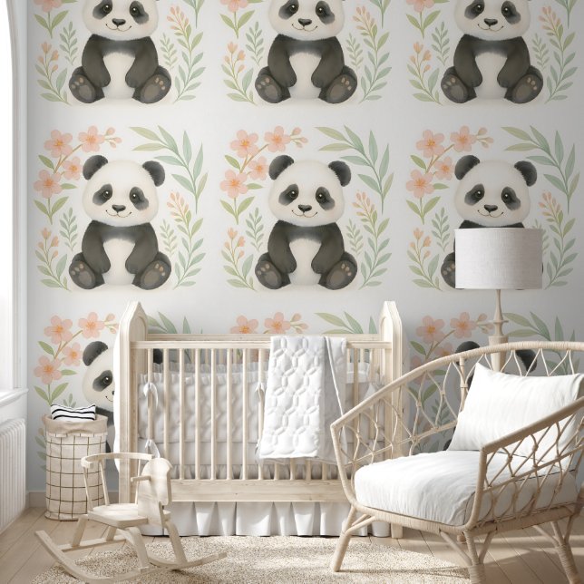 Papier Peint Panda bébé mignonne avec fleurs - Pépinière d'aqua (Enfants)