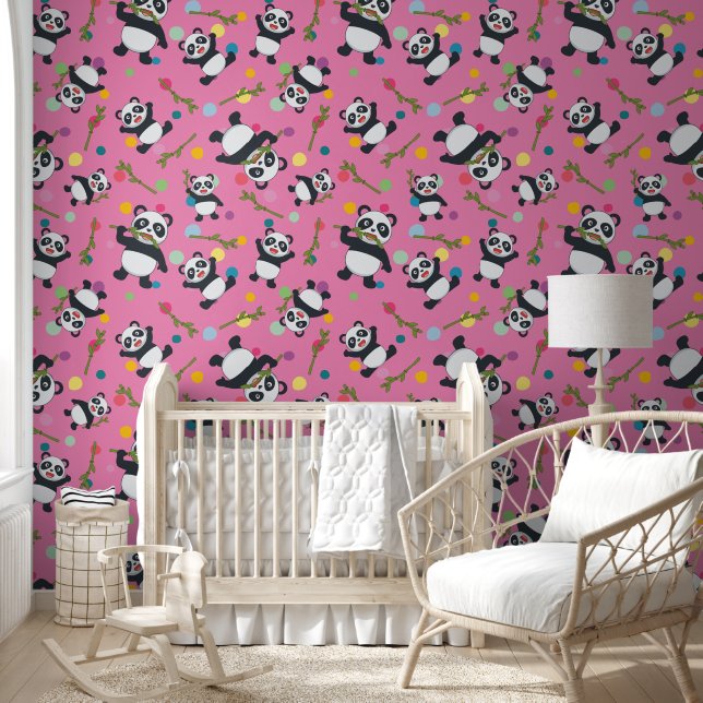 Papier Peint Panda poka point enfants peigne rose et bâton (Enfants)
