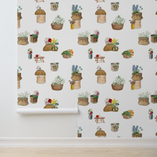Papier Peint Paniers à fleurs du marché de l'Aquarelle