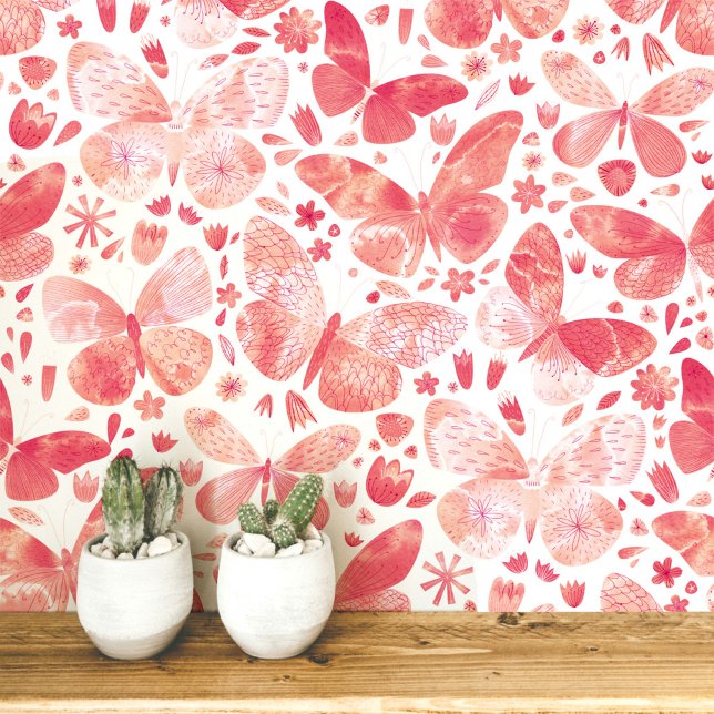 Papier Peint Papillon aquarelle corail rose Art (Coral blush pink and white watercolor butterfly pattern art wallpaper)