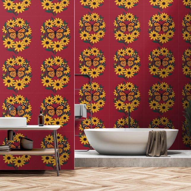 Papier Peint Papillon Checkerspot Et Fleurs De Faisée Aux Yeux  (Salle de bain)