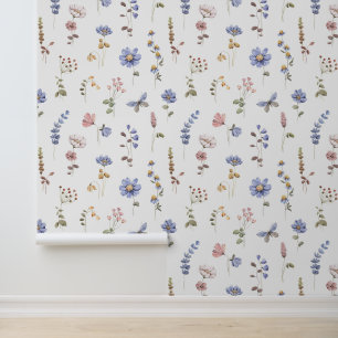 Papier Peint Papillon Fleur sauvage d'aquarelle rose périphériq