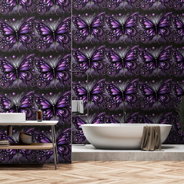 Papier Peint Papillon gothique blanc violet noir couleur (Salle de bain)