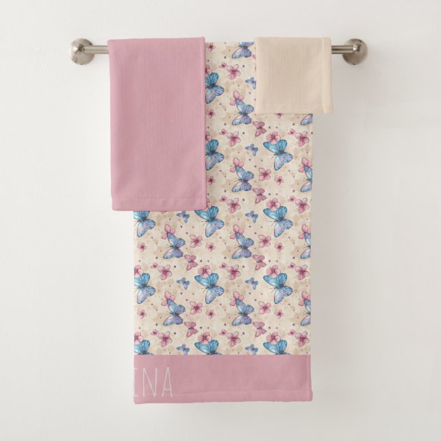 Papier peint papillon rose bleu à motif nom  (En situation)