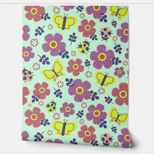 Papier Peint Papillons, coccinelles, fleurs et feuilles