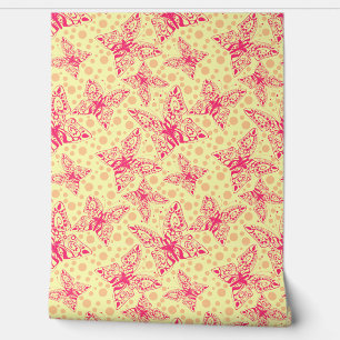 Papier Peint papillons en dentelle pourpre sur pois jaune