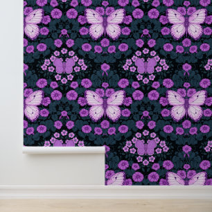 Papier Peint Papillons et symétrie des fleurs, violet et bleu