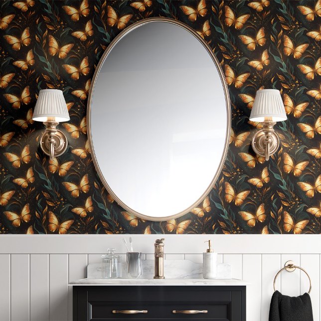 Papier Peint Papillons et vignes d'or sur le noir (Créateur téléchargé)