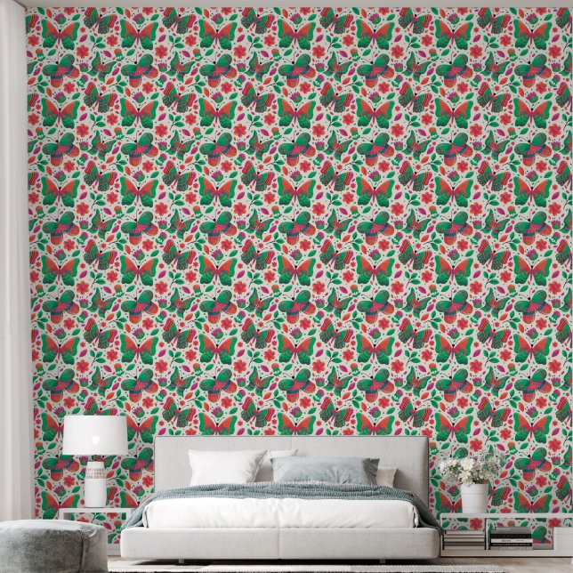 Papier Peint Papillons, Fleurs et Feuilles (Chambre à coucher)
