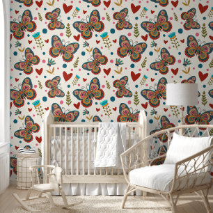 Papier Peint Papillons Folk Coeurs Floral Motif lunaire