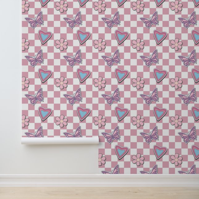 Papier Peint Papillons Roses Fleurs Chambre de Fille (Application)