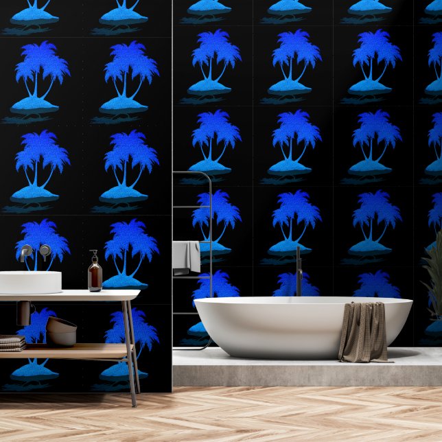 Papier Peint Parties scintillant Blue Palm Exotic Island Couleu (Salle de bain)