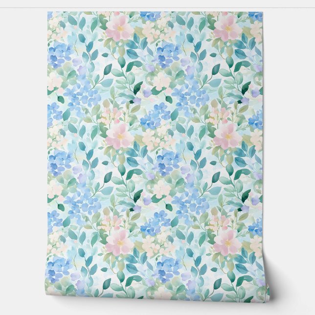 Papier Peint Pastel Pink Blue Floral Pattern  (Déroulement)