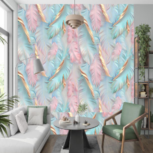 Papier Peint Pastel Pink Blue Golden Tropical Feuille