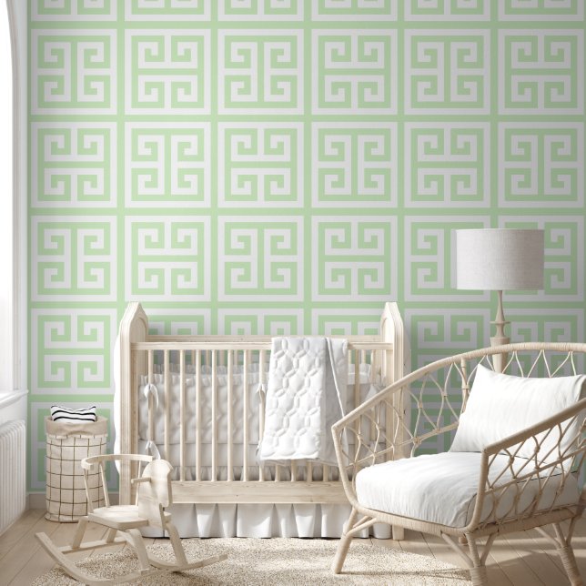 Papier Peint Pastel Vert Thé et Grand Grec Clé Blanc (Enfants)