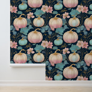 Papier Peint Patch Citrouille floral Pastel sur bleu foncé