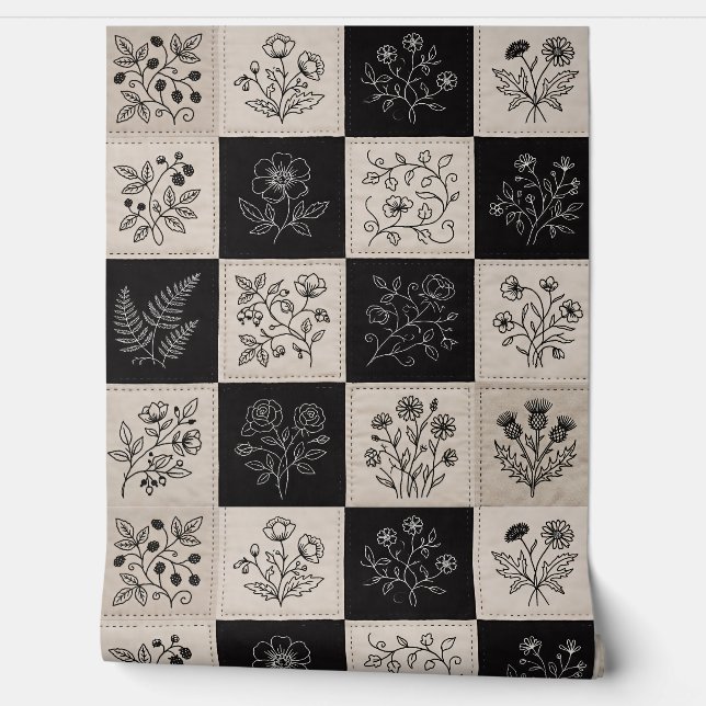 Papier Peint Patchwork Brodé à Motif Floral Botanique en Cuir (Déroulement)