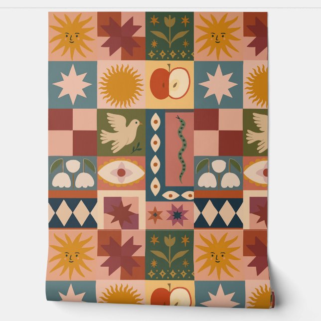 Papier Peint Patchwork céleste bohémien avec symboles mystiques (Déroulement)