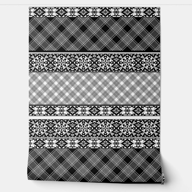 Papier Peint Patchwork rayé noir et blanc avec dentelle (Déroulement)