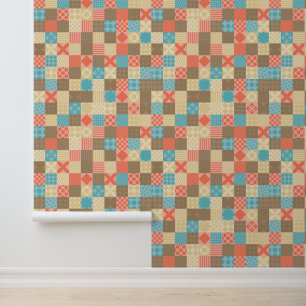 Papier Peint Patchwork Retro rose mi-siècle