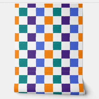Papier Peint Patiné damier orange, Turquoise, bleu, violet