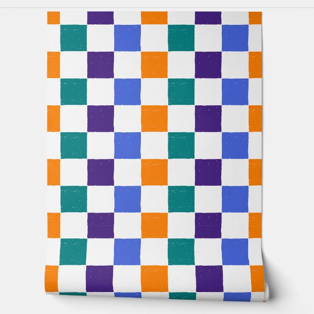 Papier Peint Patiné damier orange, Turquoise, bleu, violet (Déroulement)