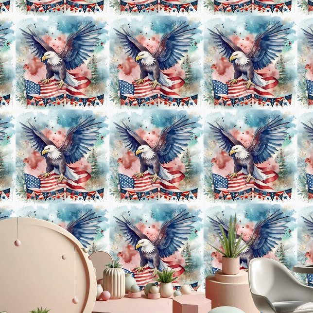 Papier Peint Patriotique Bald Eagle Fête de l'Indépendance Aqua (Patriotic Bald Eagle Independence Day Watercolor Wallpaper)