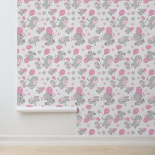 Papier Peint Pattern of Elephants, Cute Elephants - Pink Gray