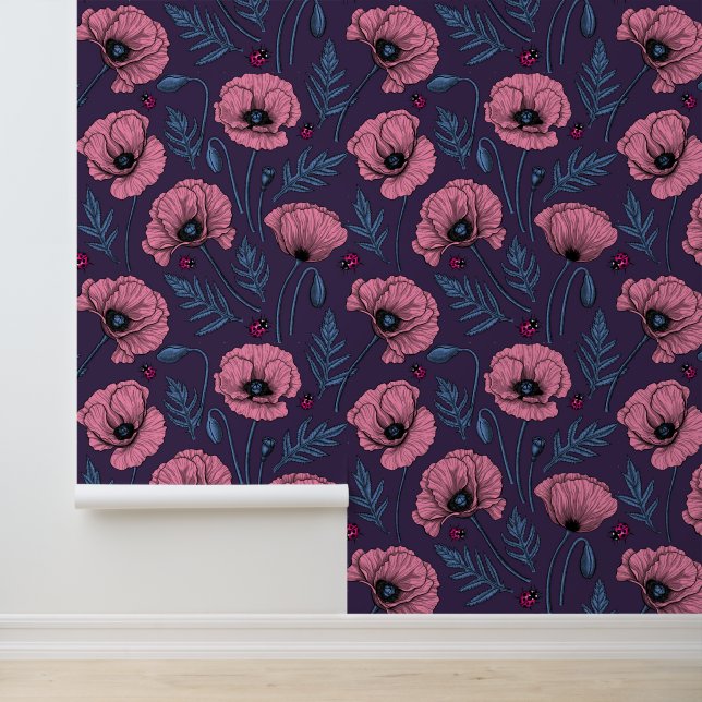 Papier Peint Pavot rose sur violet foncé (Application)