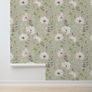 Papier Peint Pavots Blancs Élégants Motif Floral Vert Brume
