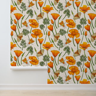Papier Peint Pavots de Californie et papillons de nuit sur fond