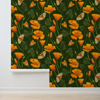 Papier Peint Pavots de Californie et papillons de nuit sur fond
