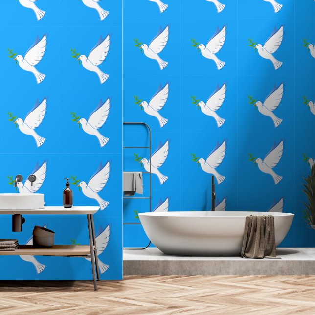 Papier Peint Peace Dove with Olive Branch sur Blue Sky (Salle de bain)