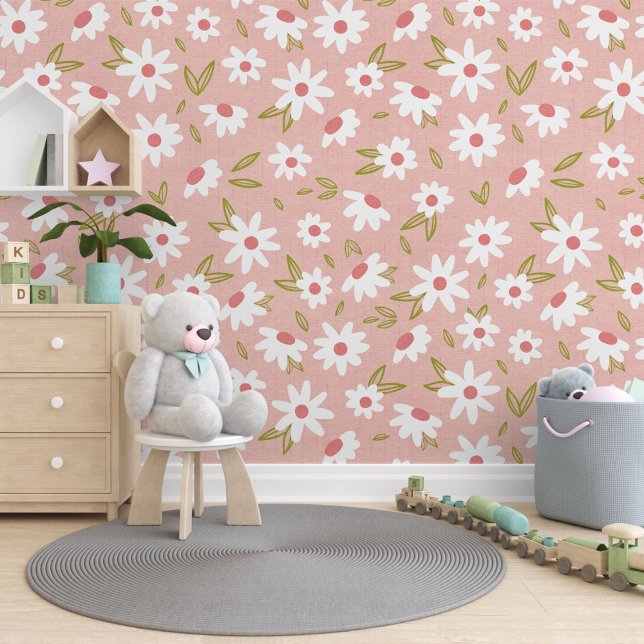Papier Peint Peach Plush Rose Vert Fleurs blanches Motif d'art (Créateur téléchargé)