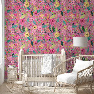 Papier Peint Peau et bâton fleuri vert rose