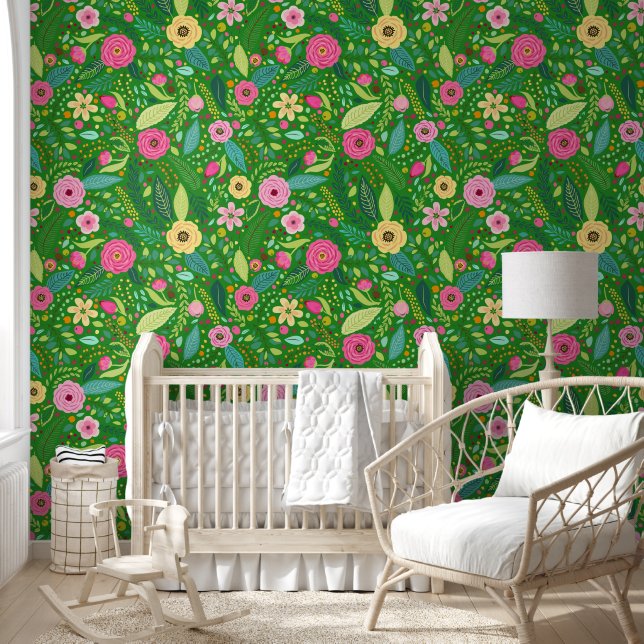 Papier Peint Peau et bâton fleuri vert rose (Enfants)