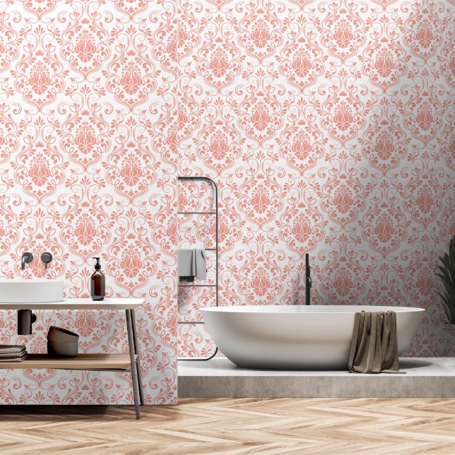 Papier Peint Pêche et blanc Damas Peau florale et bâton (Salle de bain)