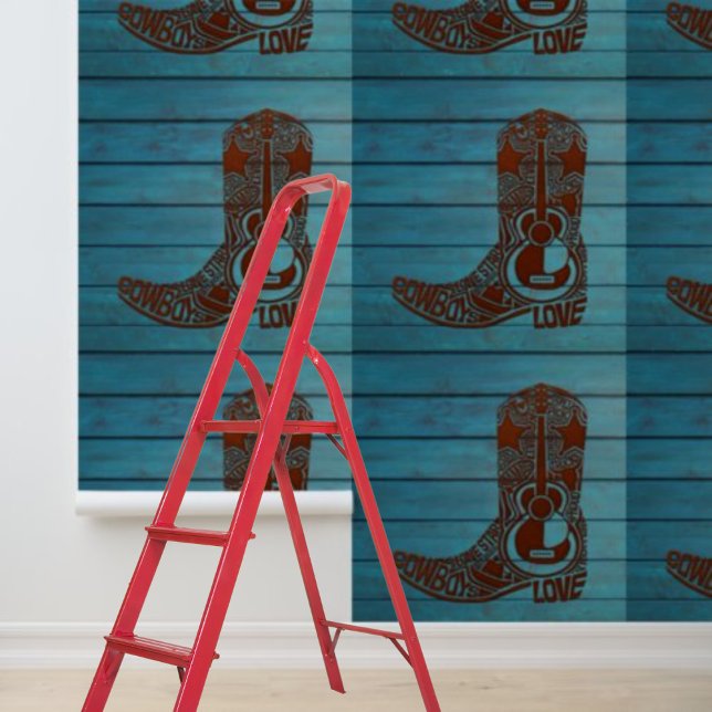 Papier Peint Peel and Stick brun cowboy botte western bleu bois (Peel and Stick brown cowboy boot western blue wood Wallpaper)