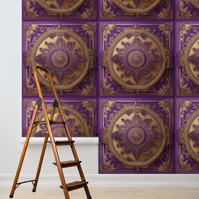 Papier Peint Peel and Stick Indian Rich Purple Gold Carrés (Peel and Stick Indian Rich Purple Gold Squares Wallpaper)