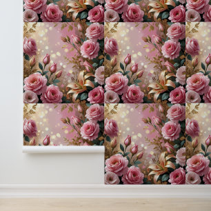Papier Peint Peel and Stick Pink Gold Floral Rose Lily Dream