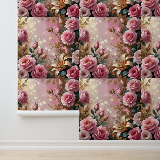 Papier Peint Peel and Stick Pink Gold Floral Rose Lily Dream (Application)