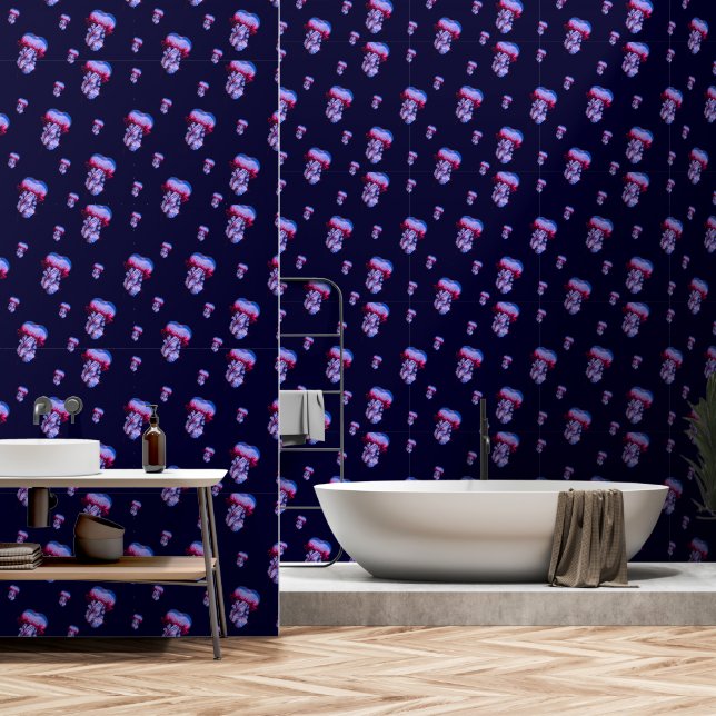 Papier Peint Peel Et Bâton De Méduse Bleu Profond (Salle de bain)