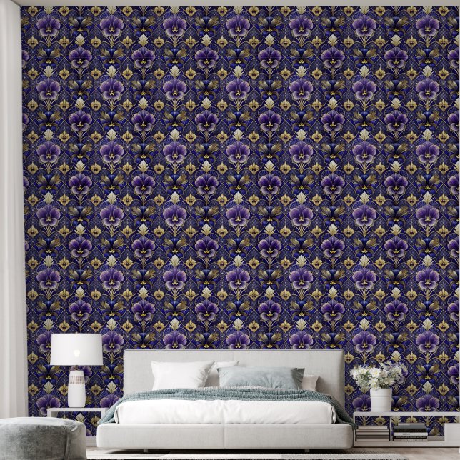 Papier Peint Pensée violette, style art déco (Chambre à coucher)
