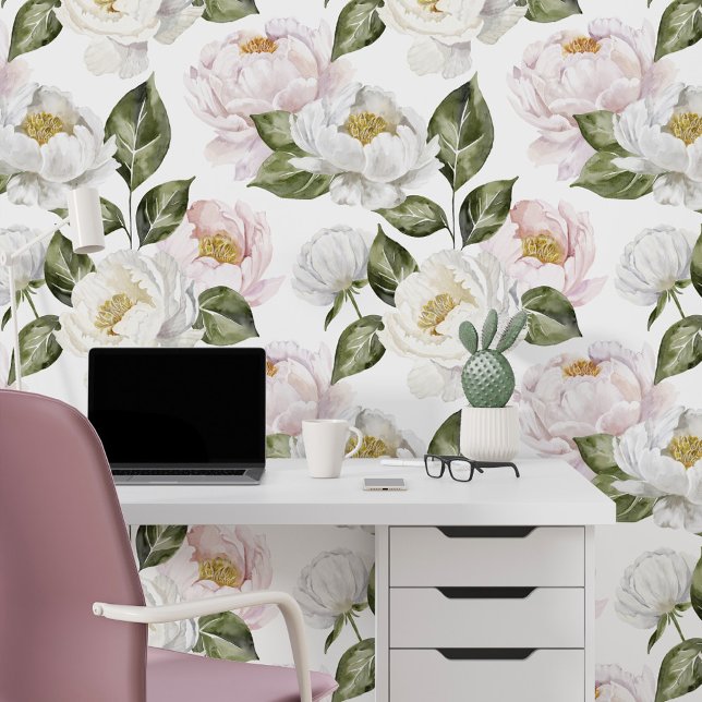 Papier Peint Peonies blanches et roses Aquarelle florale Botani (White & Pink Peonies Floral Watercolor Botanical Wallpaper (Office))