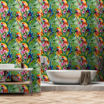 Perroquets de couleurs vives et fleurs tropicales