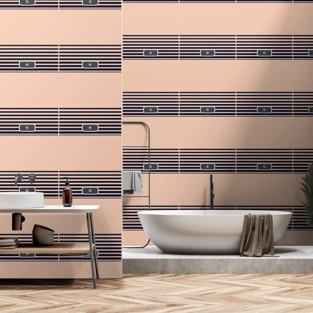 Papier Peint Personnaliser Monogramme Noir & Rose Rayures (Salle de bain)