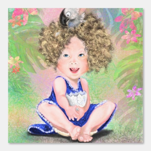 Papier Peint Petite fille et bébé oiseau drôle (Recto)