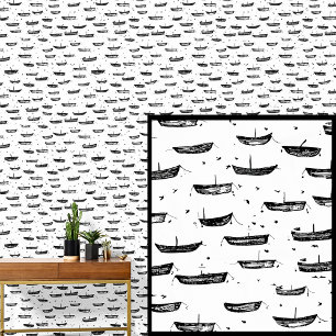 Papier Peint Petits Bateaux Dinghes sur Blancs, Nautical Row Bo