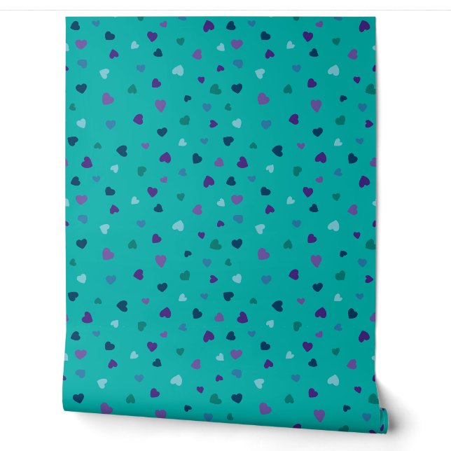 Papier Peint Petits cœurs, violet, sarcelle, bleu sur turquoise (Déroulement)