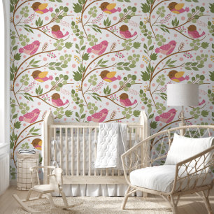 Papier Peint Petits oiseaux roses sur des branches vertes